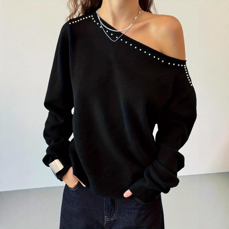 Women Rivet One Shoulder Long Sleeve Knitted Waist Slimming Casual Top