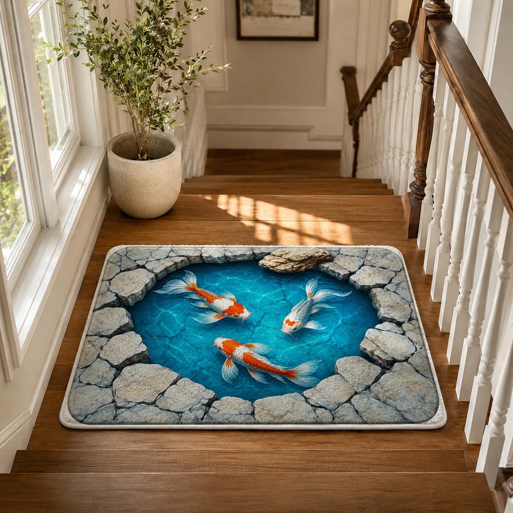 Mystic Koi Pond Floor Mat Flannel Rug Non Slip Absorbent Soft Washable for Entryway Hallway Bathroom Kitchen Decor
