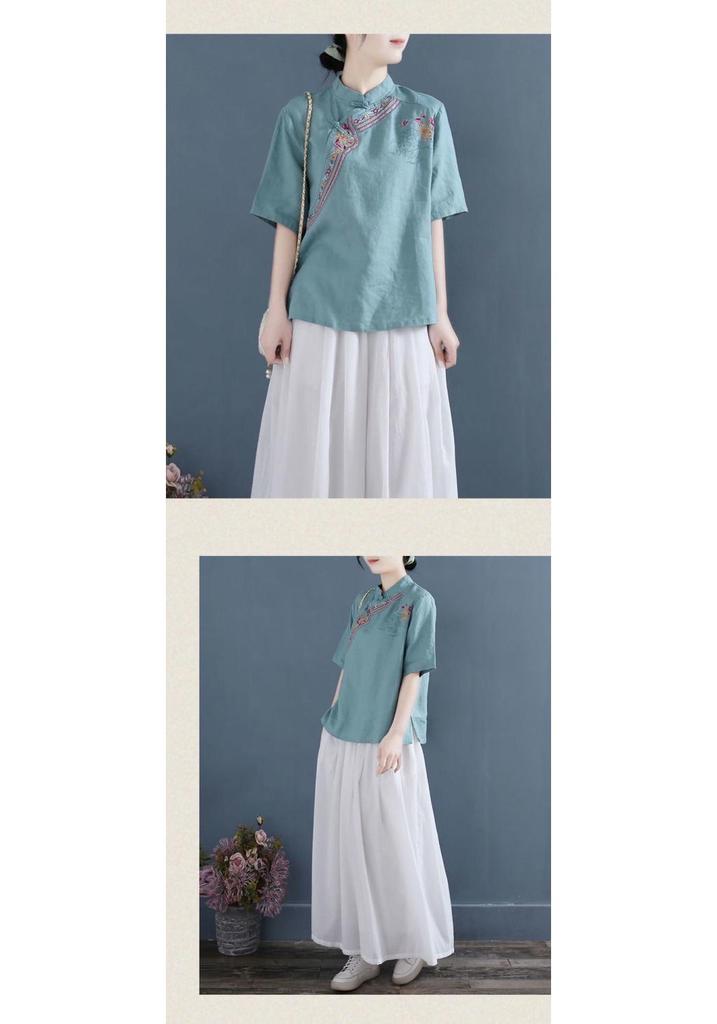 Women's Ethnic Embroidered Cotton Linen Short Sleeve Button-Up Shirt, Retro Artistic Plus Size Top