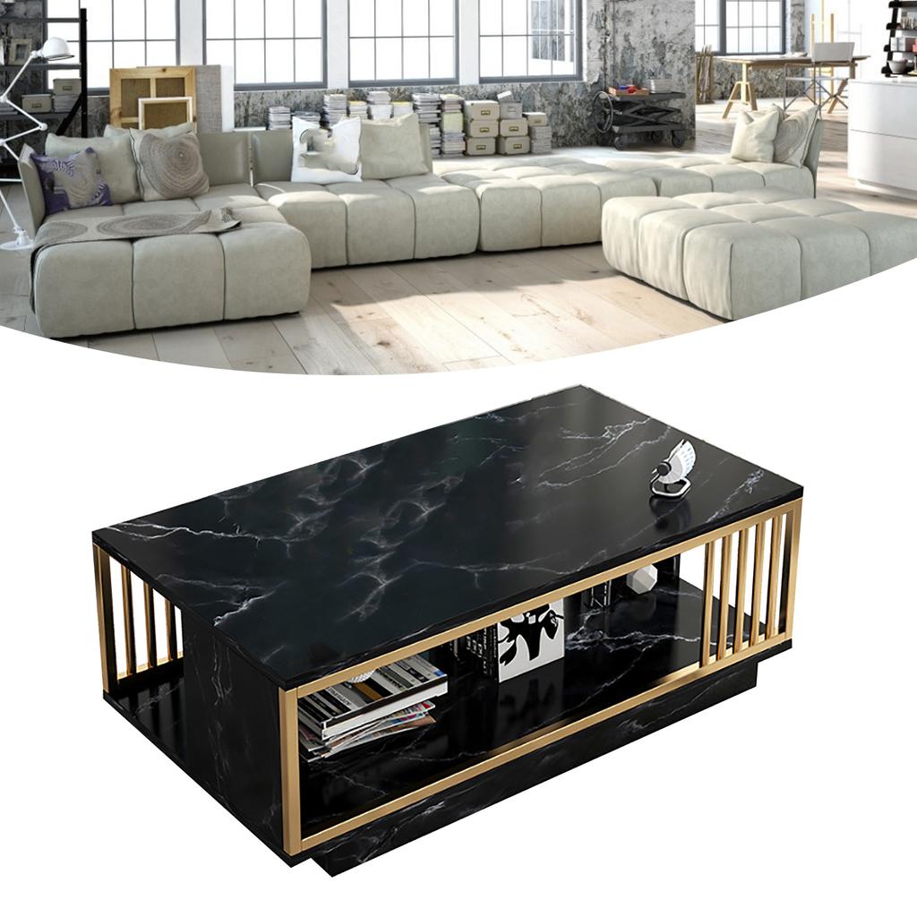Coffee Table Metal Faux Marble Pattern Modern Rectangular Center Table for Home Living Room Office