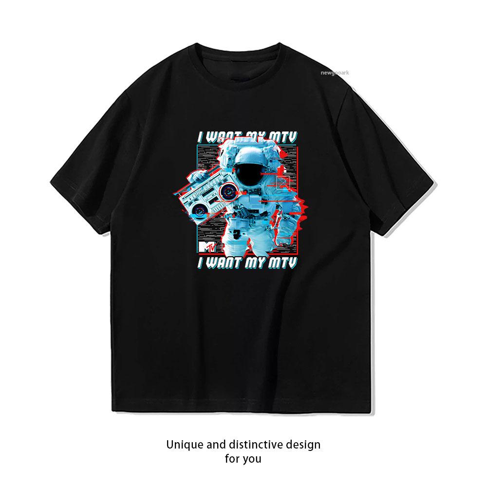 

MTV Music Television Glitched Astronaut I Want My MTV TShirt Women Unisex Casual cotton printed t shirts streetwear Shortsleev S
