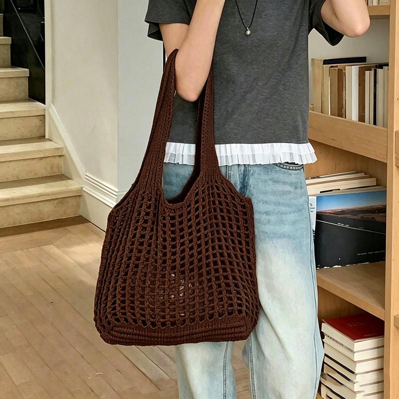 Yogodlns Casual Hollow Knitted Large Tote Bag Designer Handmade Woven Women Shoulder Bags Luxury Summer Beach Bag Shopper Purses