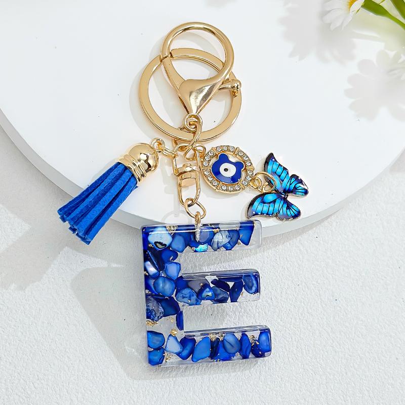 Fashion Blue Glazed Stone A To Z Letter Keychain 26 Initials Alphabet Butterfly Tassel Pendant Car Keyring Women Jewelry Gifts