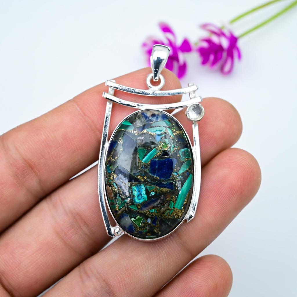 Kobber Azuritt Malakitt, Hvit Topas Anheng, 925 Sterlingsølv Edelstenssmykker, Håndlaget Anheng, For Minnedagen