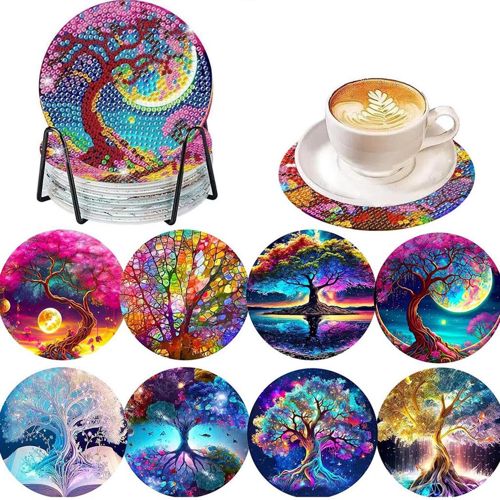 8/10 Stuks Diamant Schilderen Onderzetters met Houder Landschap Diamant Kunst Schilderen Kits Kat DIY Diamant Kunst Onderzetter Kunst Ambachtelijke Benodigdheden