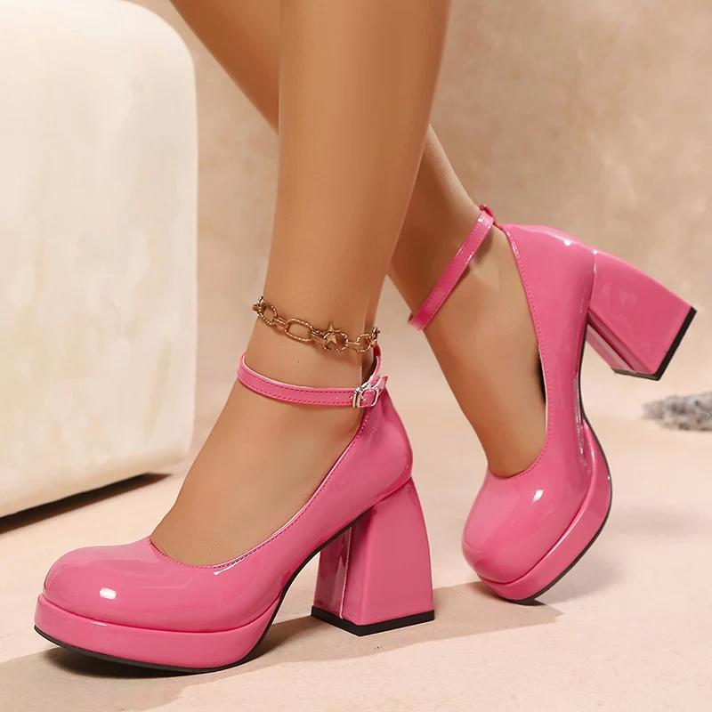 Fashion Women's High Heels Platform Pumps Patent Leather Chunky Heeled Lolita Shoes Woman Plus Size Fashion Ankle Strap Mary Jane Pumps