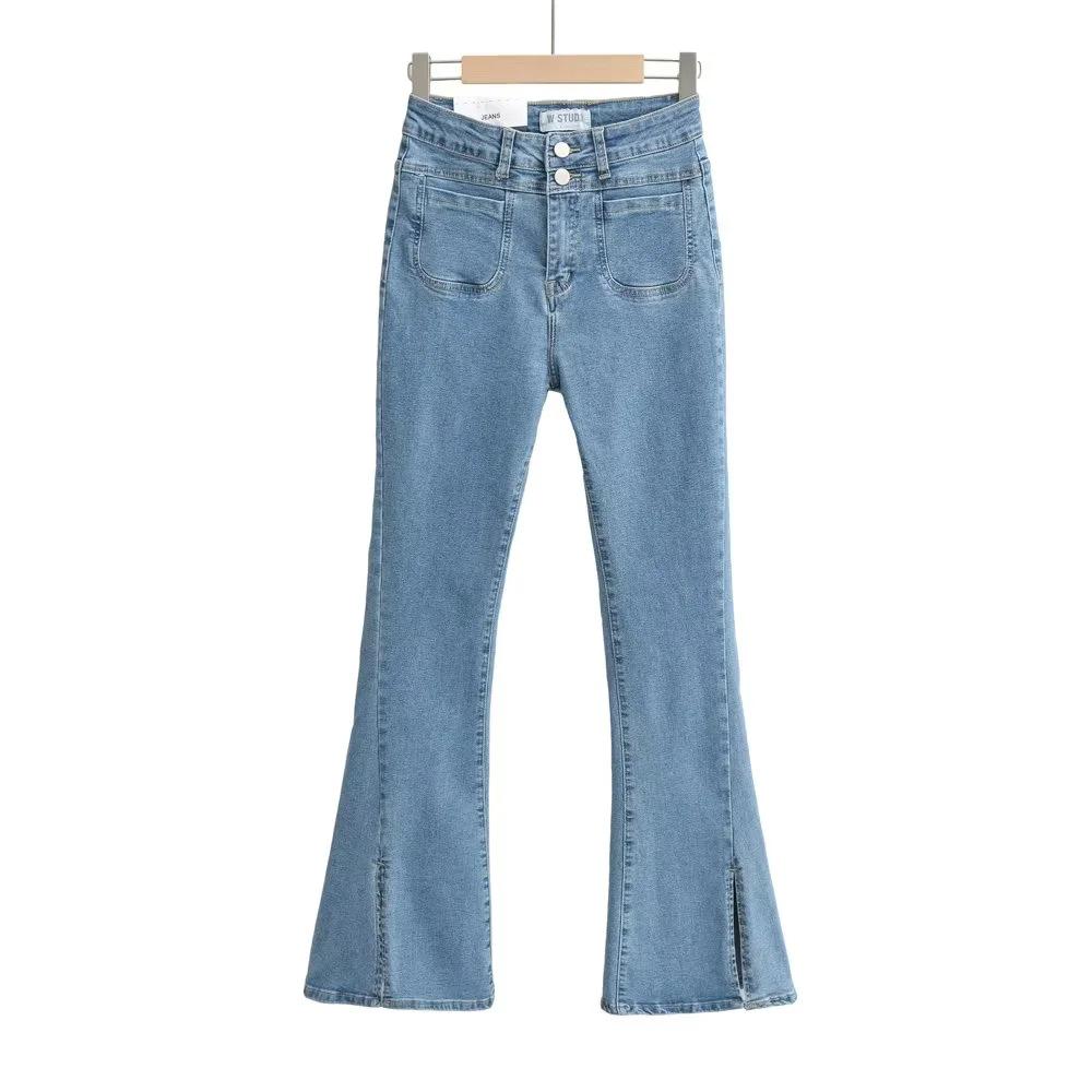 

Autumn Women s High-Waisted Flare Denim Pants with Front Pockets and Side Slits Medium темно-синього кольору