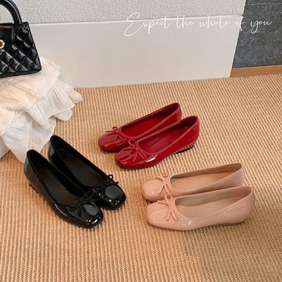 Burgundy Inner Height Increase Square Head Bow Commuter Shoes Women's Ballet Shoes Ol Flat Shoes