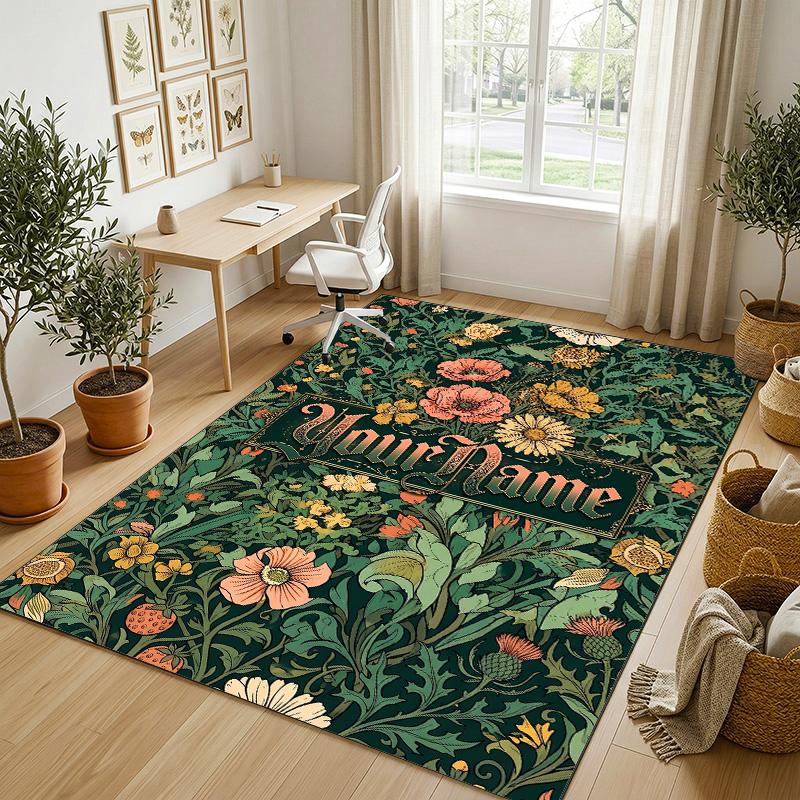Floral Artwork Theme Soft Crystal Velvet Rug Custom Name & Text Print Non Slip Floor Rug for Bedroom Living Room