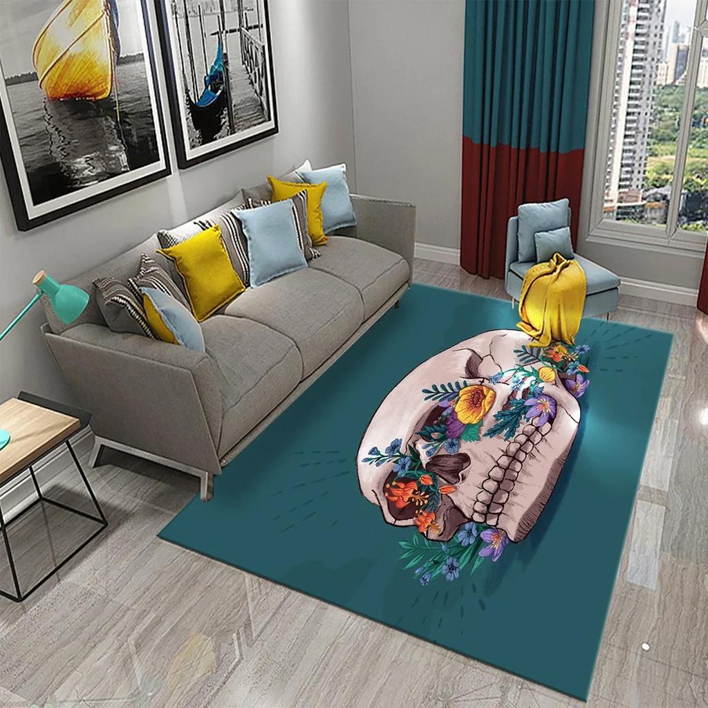 Flower Skull Carpet Skeleton Skull Bone Design Living Room Bedroom And Kitchen Bathroom Non-Slip Decor