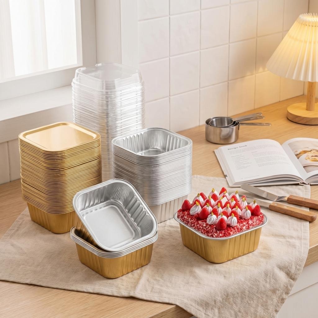 30 Pack Aluminum Foil Cake Pans with Plastic Lids Square Disposable Baking Containers for Desserts Pastries Bread Muffins and Food Storage
