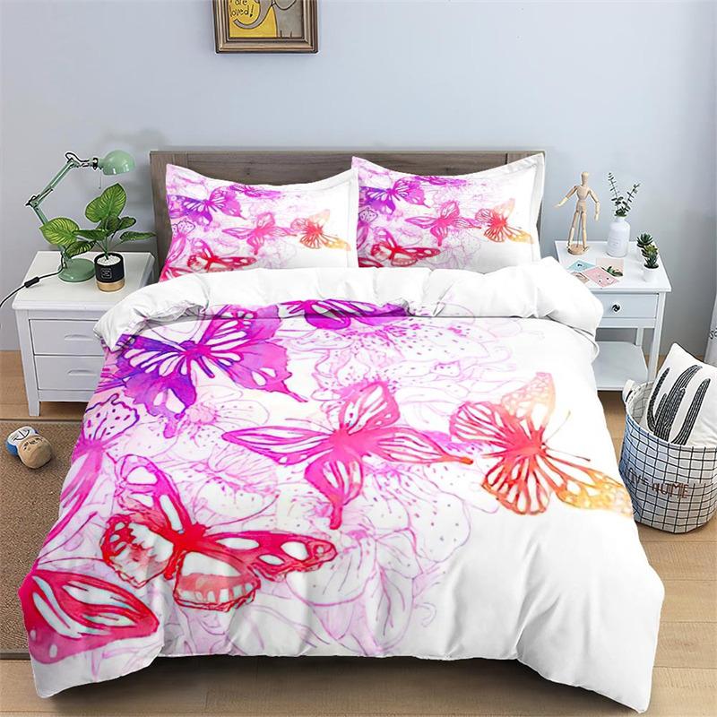 Soft Butterfly Floral Duvet Cover Queen Size For Adults Kids Girls Teens Bedroom Decor Flowers 3D Print Bedding Set Pillowcases