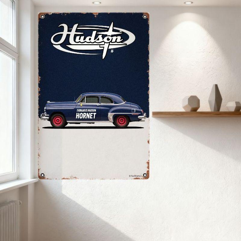 Vintage Hudson Hornet Car Metal Tin Sign with Rusty Border, Retro American Automotive Design for Home Bar Man Cave Decor