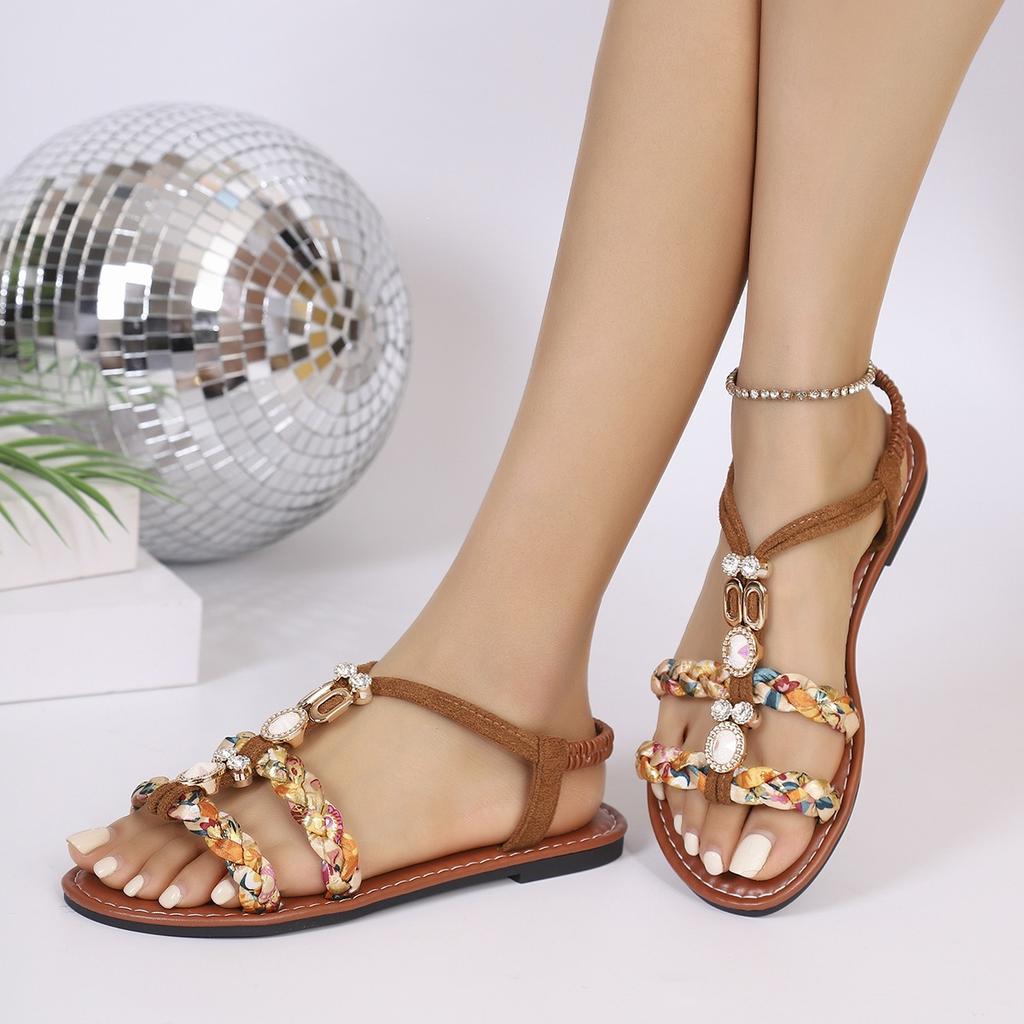 Women's Bohemian Style Sandals, Summer Colorful Woven Beaded Round Toe Comfort Flat Sandals