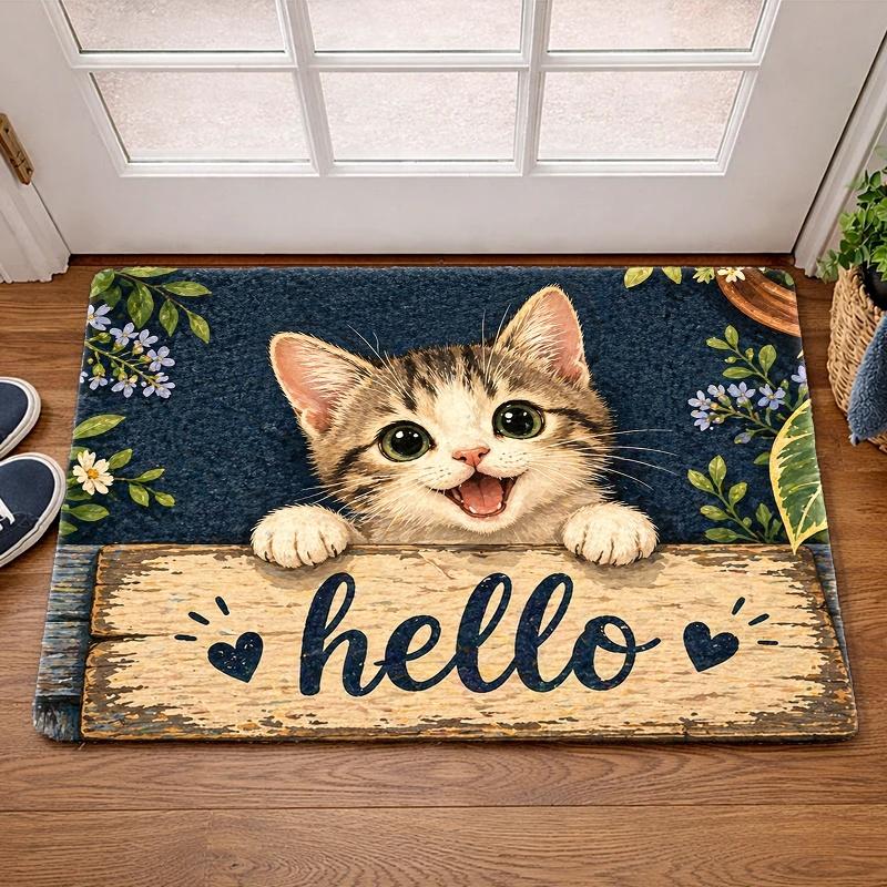 1Pcs Anti Fatigue Kitchen Rugs,  Cute Cat Hello  Print Waterproof Non-Slip Thick Cushioned Kitchen Mat Heavy Duty Comfort Standing Mat for Kitchen