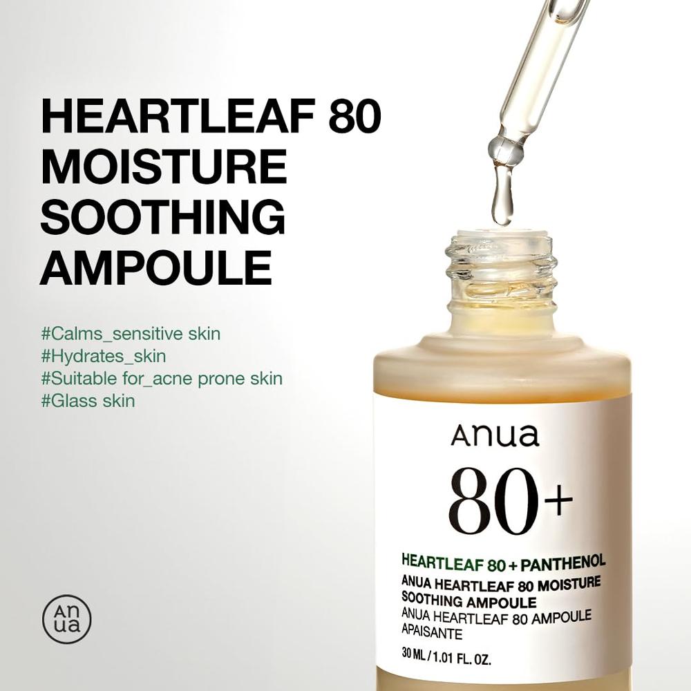 Anua Heartleaf 80 Soothing Ampoule 30ml – 80% Houttuynia Cordata Extract Calming Hydrating Serum for Sensitive Skin