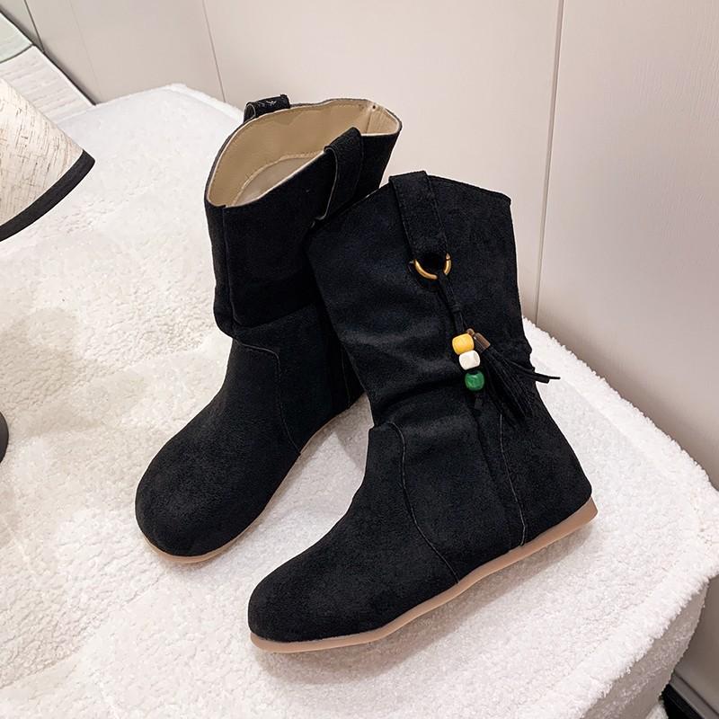 Autumn new retro sleeve round head flat bottom short boots slim western pile boots Martin boots women