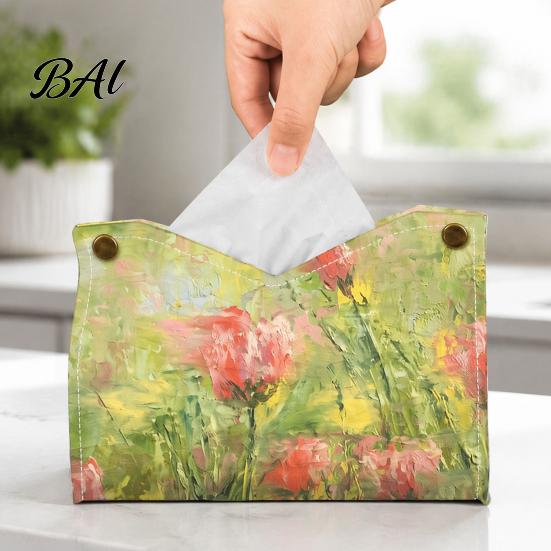 Kitchen Paper Organizer Leather Tissue Box Cover with Oil Painting Pattern, Foldable Desktop Organizer, Napkin Holder Sturdy Case, Facial Dispenser,