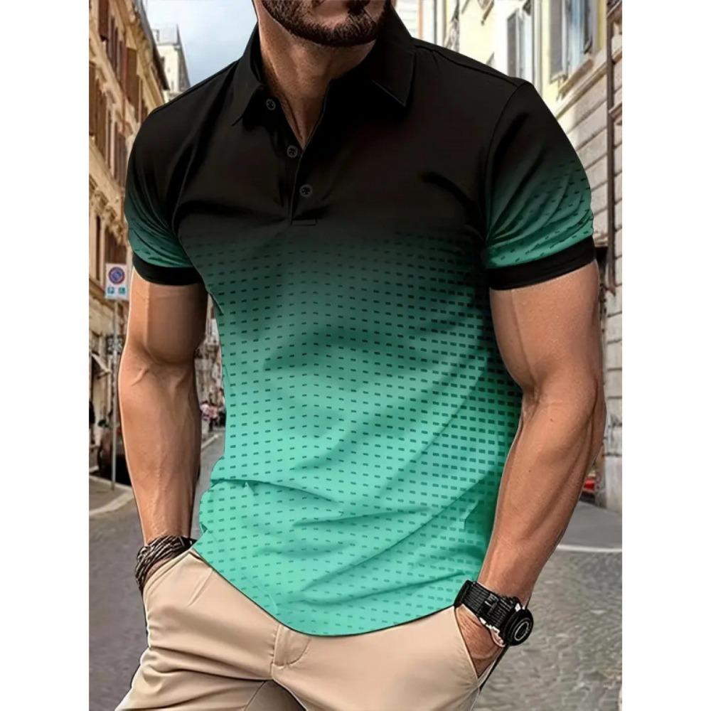 Summer Color Blocked Gradient Top, European and American Daily Casual Lapel Short Sleeved Polo Shirt for Men