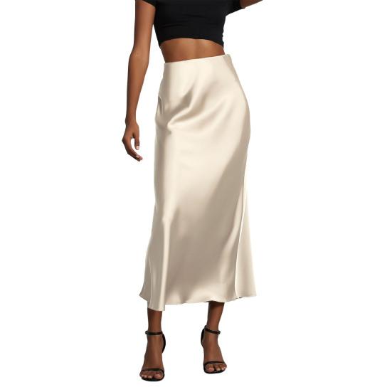 

Women Midi Skirt Mid-rise A-Line Solid Color Fishtail Skirt Smooth Fabric Office S