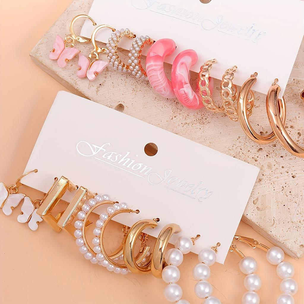 Fashion Imitation Zircon Bead C-shaped Earrings Bohemian Acrylic Pink Butterfly Pendant Hoop Earring Women's Summer Beach Zircon