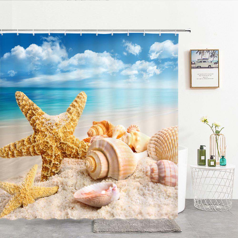 High Quality Sea Beach Shell Printed Shower Curtains starfish Bath Curtain Screen Waterproof Products Bathroom Decor with Hooks