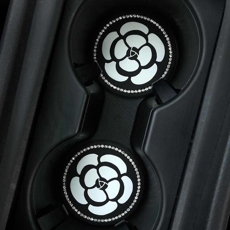 1PC Car Water Cup Pad Creative Diamond Inlaid Camellia Flower Storage Tank Non-Slip Mat Interior Decoration Products For Women