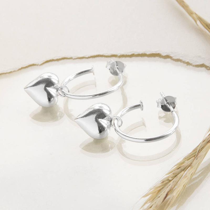 Silver Plated 3D Heart Pendant Necklace & Hoop Earring Jewelry Set, Minimalist Box Chain Set for Women