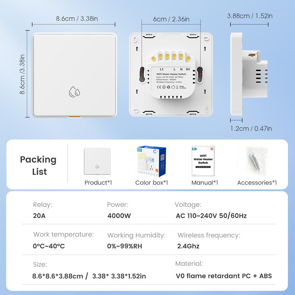 20A 4000W WiFi Water Heater Push Button App Controlled Circuit Isolation Breaker Board Wall Power Monitor For Hot Water Heater