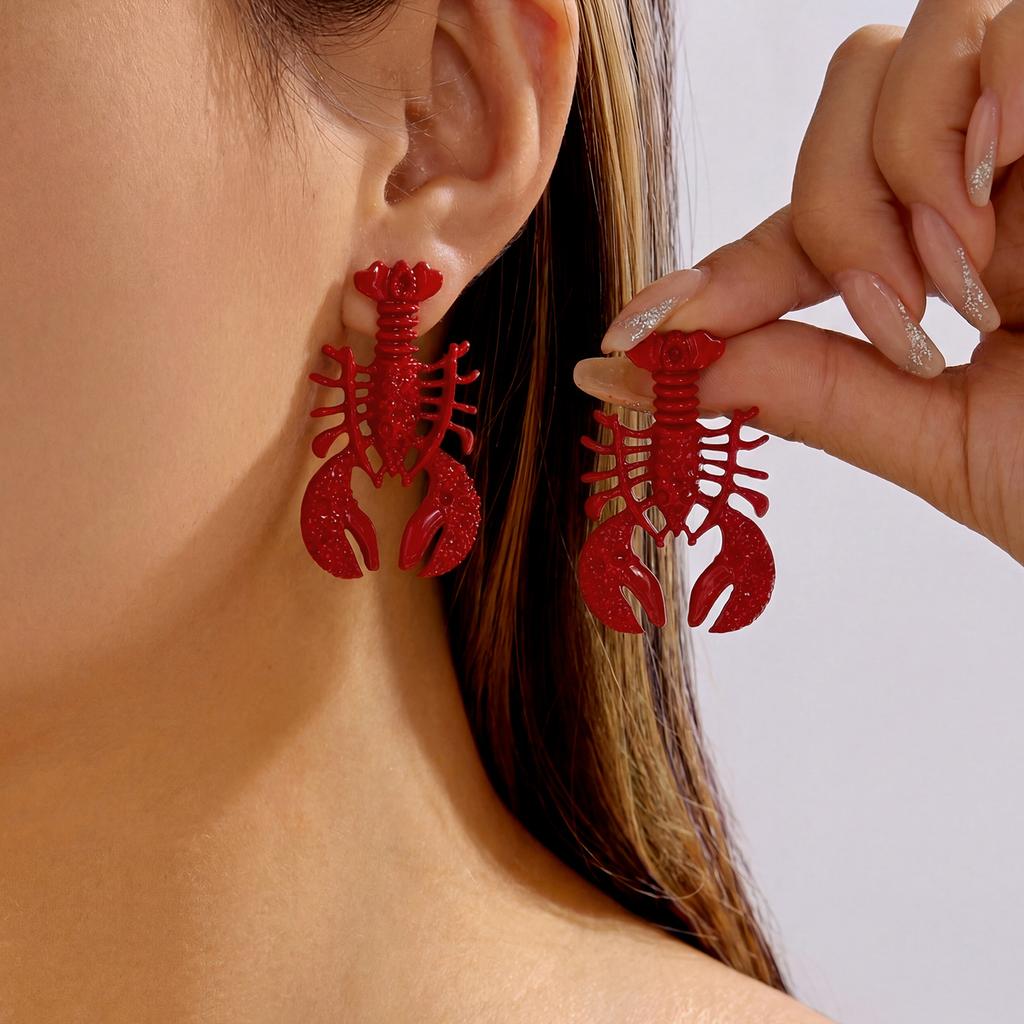 Cute Red Lobster Dangle Earrings for Women Shiny Rhinestone Enamel Ocean Animal Jewelry Summer Vacation Accessories