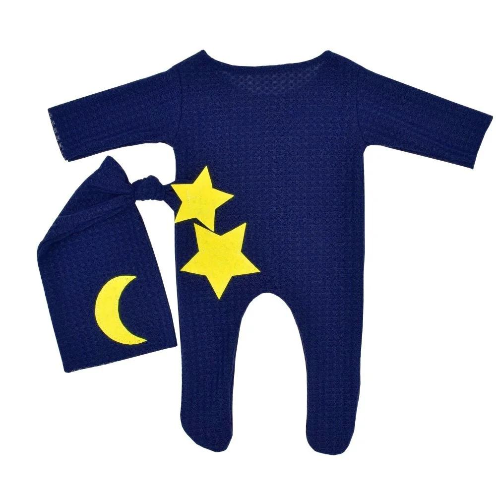 Newborn Photography Suit, Star Moon Decoration Knitted Jumpsuit, Long Tail Hat Two-piece Set, Studio Photography Suit