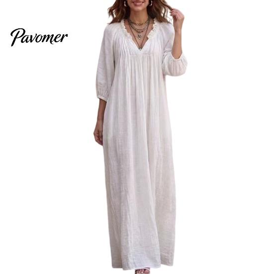Breathable Women Dresses Bohemian Ruffle V-Neck Long Dress, 3/4 Sleeves Maxi Dress for V Neckline Women, Solid Color Casual Loose Spring Fall