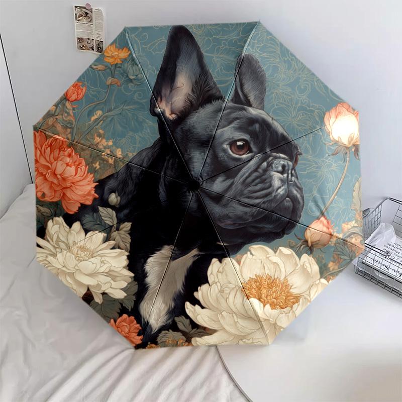 0106 Floral Black Dog  pattern, automatic folding umbrella, portable and foldable design, 8 ribs, a Christmas or birthday gift.