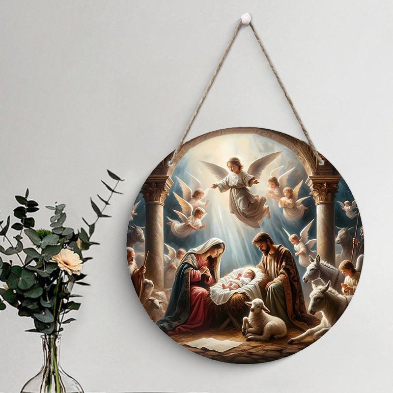 

Рождественский вертеп, деревянная табличка, стража, Иисус, рождественский венок, круглая табличка для церковной двери, настенный декор, идеальный подарок для христианина 20X20CM