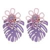 Exaggerated Beaded Flower Earrings Hollow Out Purple Flower Earrings Leaf Drop Earrings  Women