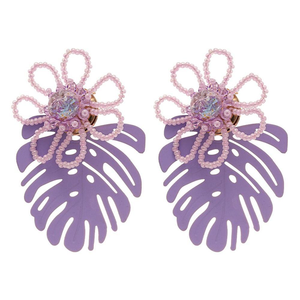 Exaggerated Beaded Flower Earrings Hollow Out Purple Flower Earrings Leaf Drop Earrings  Women