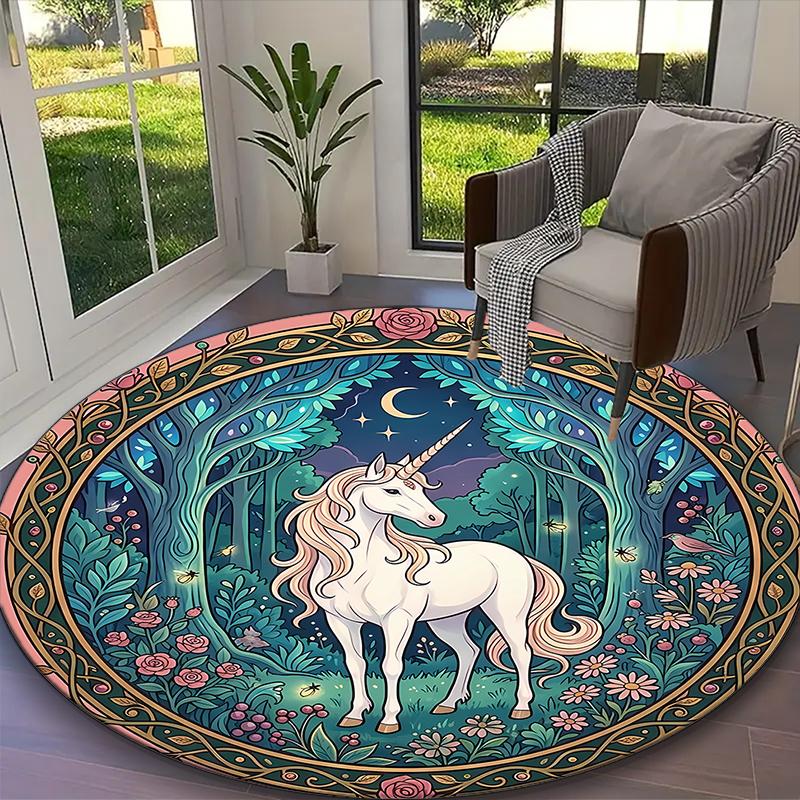 1pc Enchanted Forest Pink Mane Unicorn Printed Chair Rug for Home Office Use, Living Room Kitchen Game Room Round Carpet