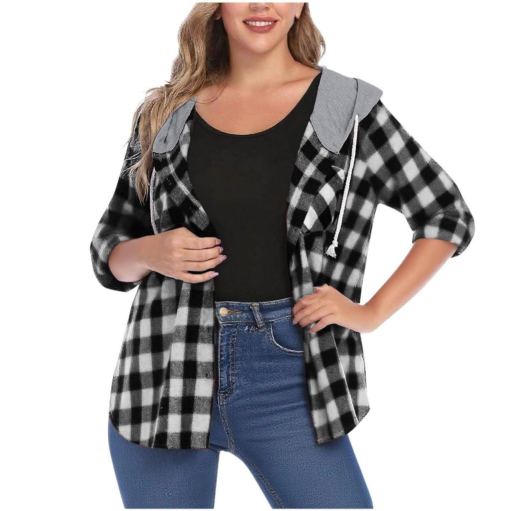 Women Long Sleeve Plaid Jackets Shirt Long Sleeve Casual Loose Coat Outwear