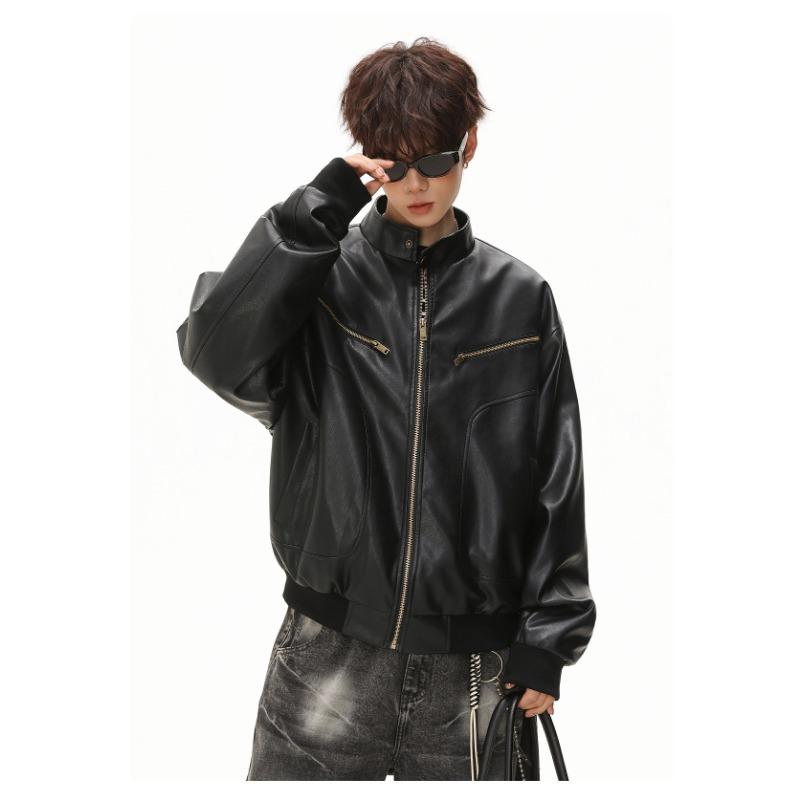 Men Vintage Loose Stand Collar Windproof Motorcycle Jacket Autumn