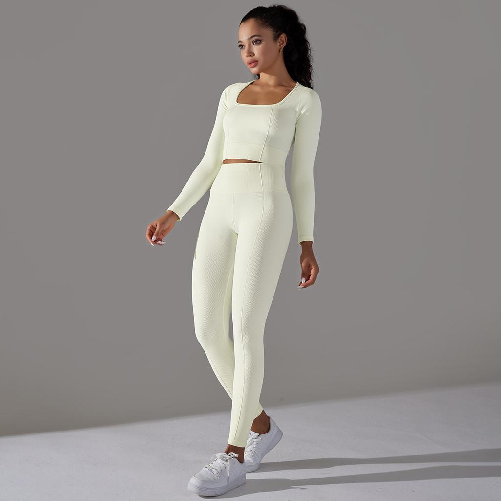 Seamless Knitted Long Sleeved Sports And Fitness Pants, Quick Drying Jacquard Breathable Hip Lifting Running Yoga Suit Set