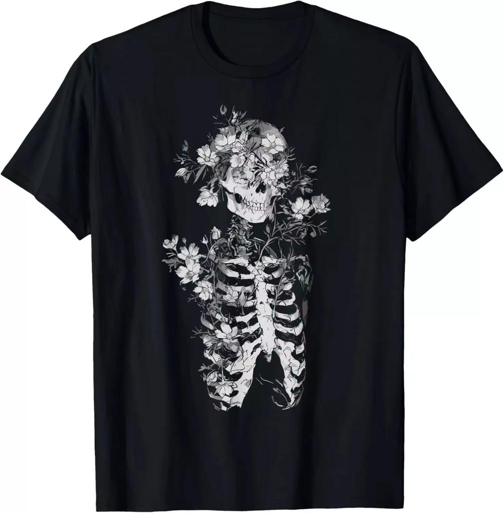 Floral Skull Flower Print T-Shirt Goth Occult Death Dark Alt Aesthetic T-Shirt Summer Casual Y2K Top Harajuku Women Men Clothing