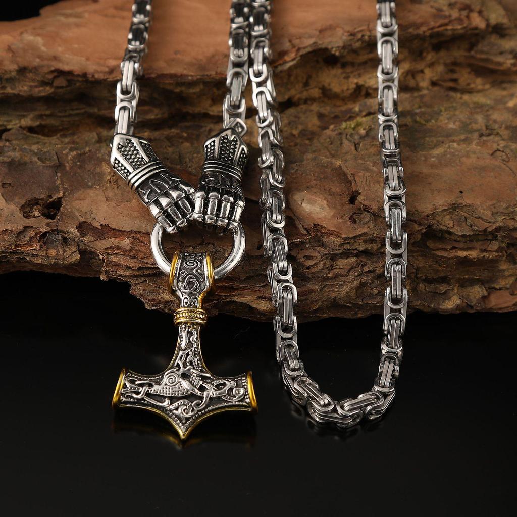 Popular Viking Fist Hammer Pendant Necklace with King Chain - Retro and Bold Design