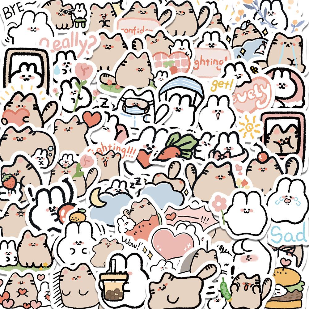 

60 Cartoon Cat and Rabbit Doodle Stickers Trolley Box Water Cup Diary Waterproof DIY Stickers