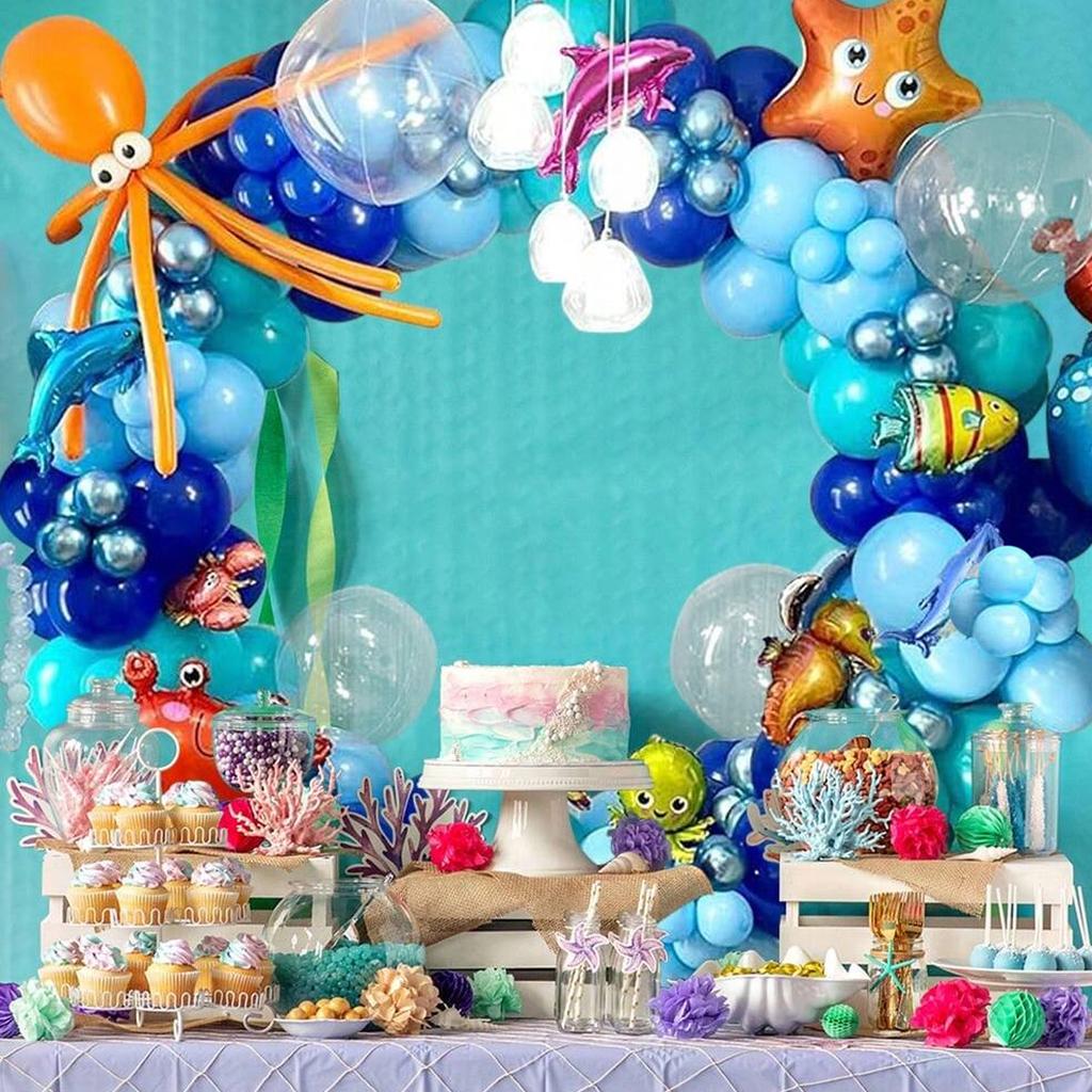 168 Pieces Ocean Theme Balloon Set Cartoon Fish Aluminum Foil Balloon Birthday Party Gender Reveals Aquarium Background Layout