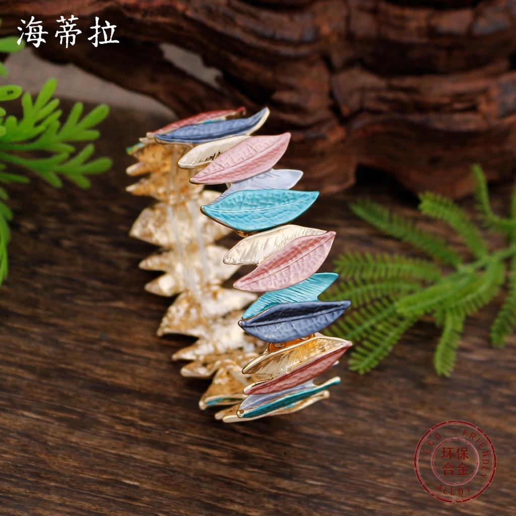 Neues Emaille geometrisches Blatt elastisches Armband, Damenmode hochwertiges Blatt vielseitiges Armband