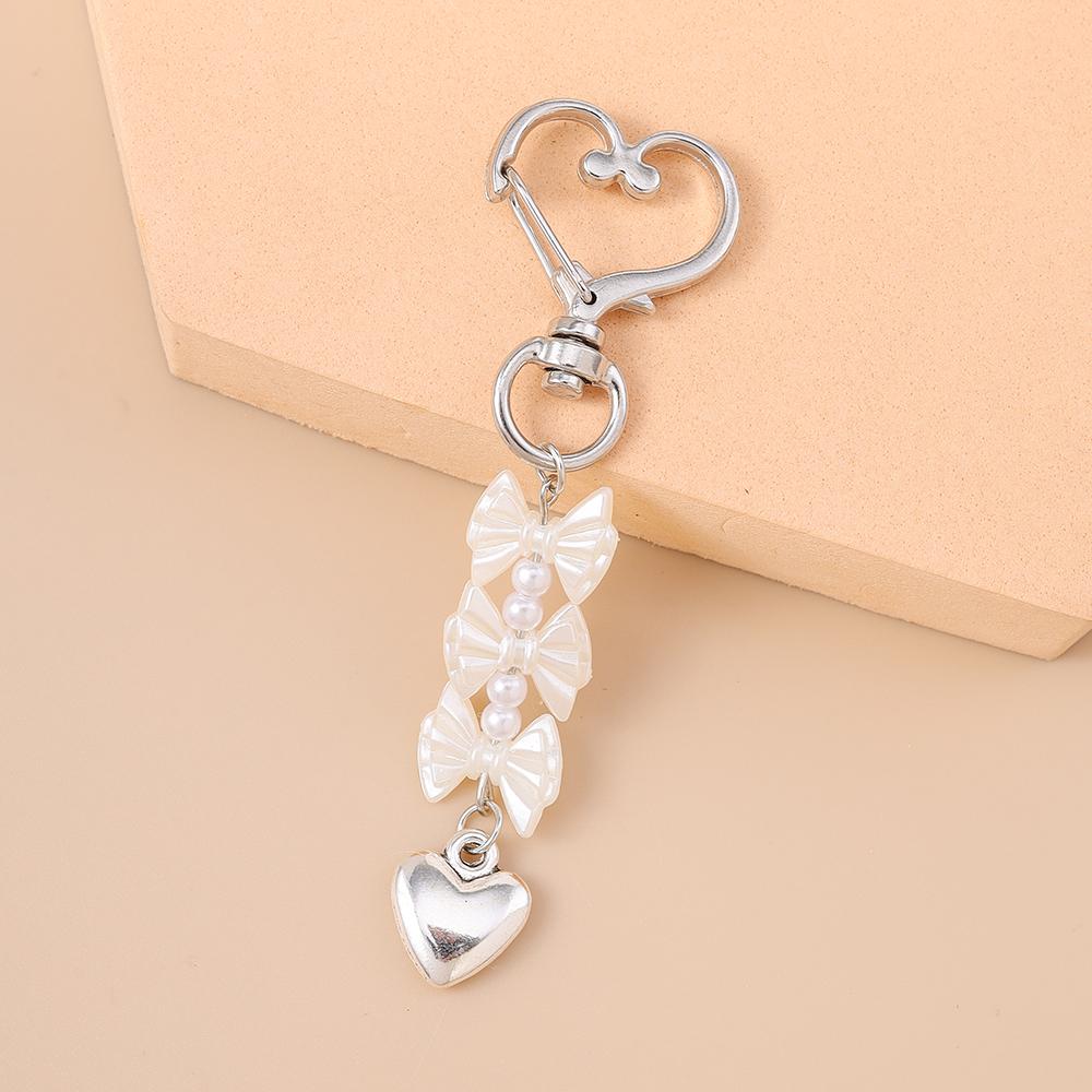 Cute Alloy Love Heart Keychain Women Girls Pearl Bowknot Key Ring Pendants Handbag Decor DIY Handmade Key Chain Gifts