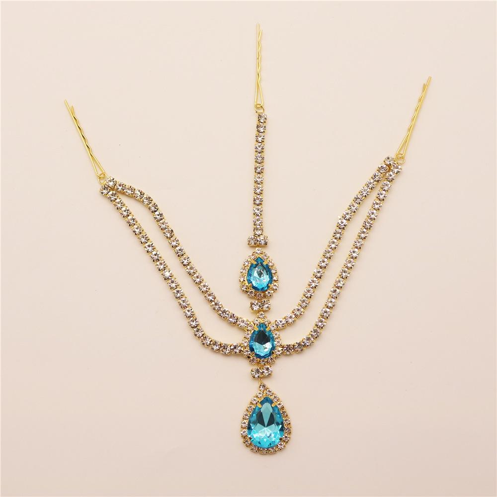 Hot Sale Blue Water Drop Pendant Forehead Lace Lady Temperament Fashion Shining Drill Head Chain Hair Accessories Wholesale