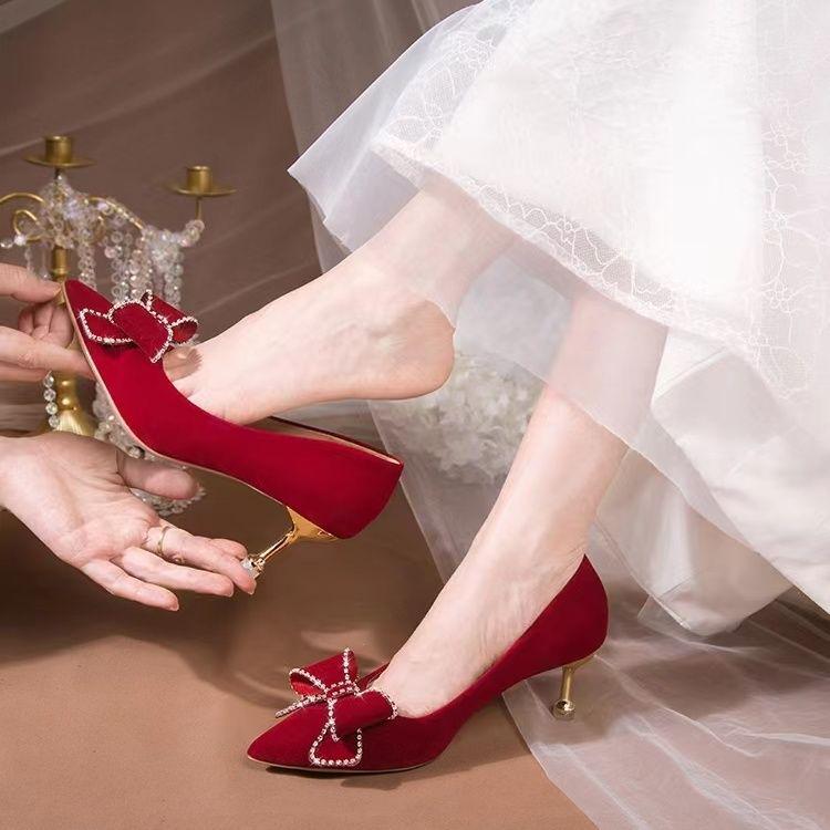 2025 Red Bridal High Heels: Autumn/Winter Women's Wedding Shoes, Chinese Style, Comfortable Xiu He Dress Shoes