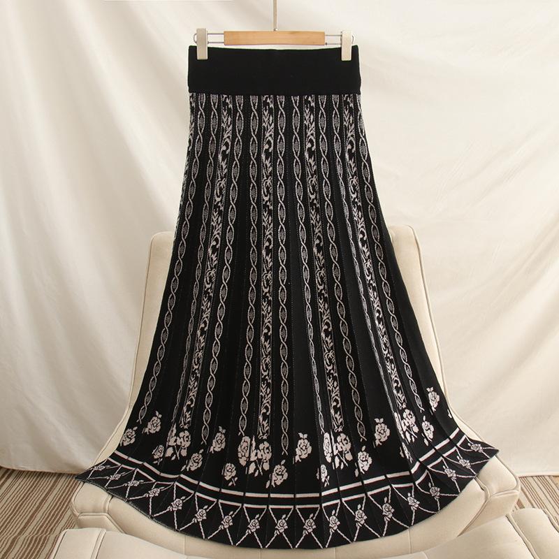 Retro Jacquard Knitted Half Skirt for Women Autumn/Winter Mid Length Skirt