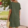 Lockeres V-Ausschnitt Kurzarm Hemdblusenkleid mit Knopfleiste und Taschen-Design Lässiges Sommerkleid für Damen Leinenmischgewebe